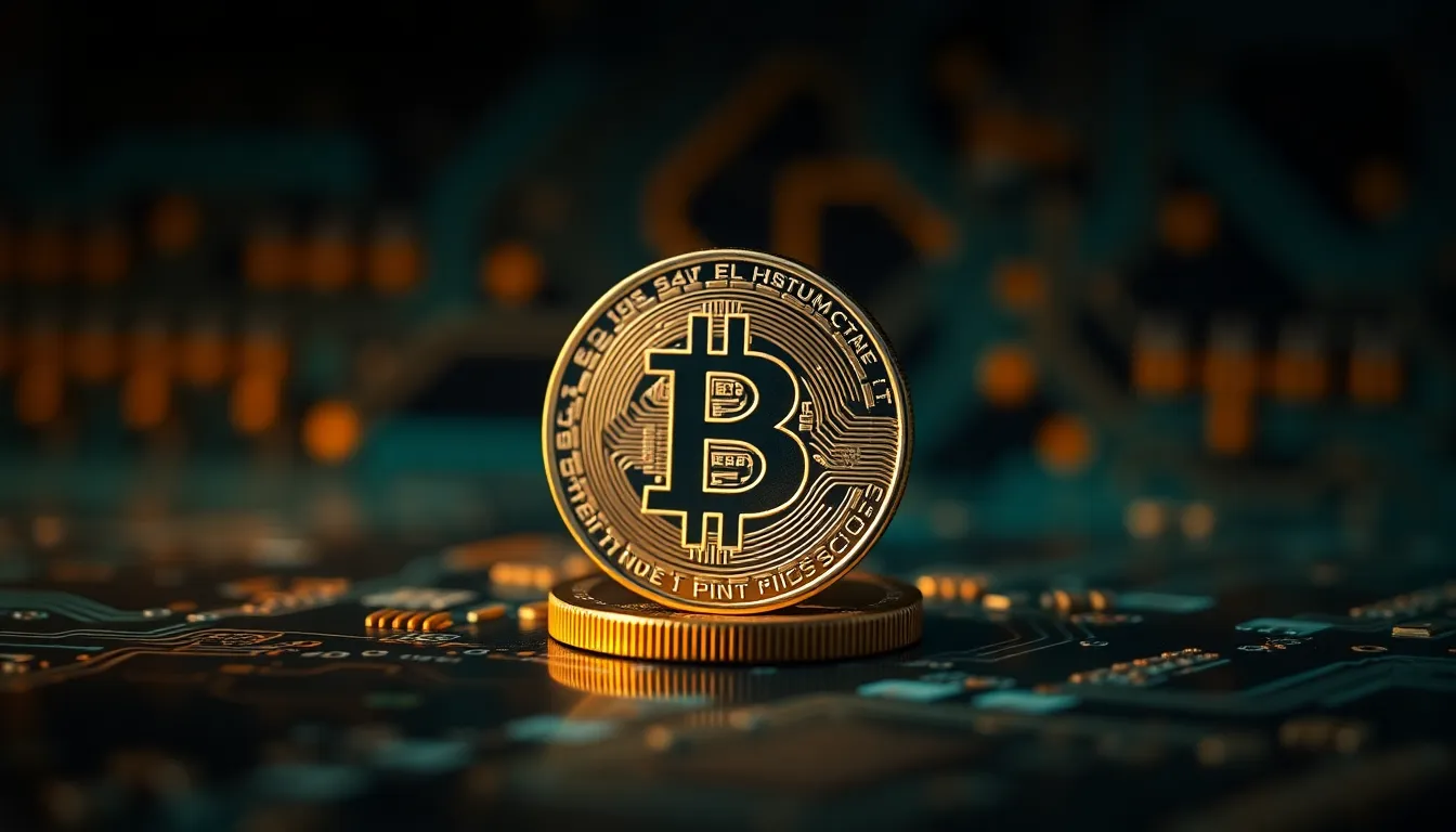 A stunning close-up of a Bitcoin coin resting on a circuit board, illuminated by dramatic chiaroscuro lighting. The shallow depth of field emphasizes the coin, making it the focal point against a blurred tech backdrop. Rich teal and orange color grading adds a contemporary feel, while the polished surface of the coin reflects light, enhancing the overall depth. Positioned within the rule of thirds, this image captures the essence of blockchain technology.