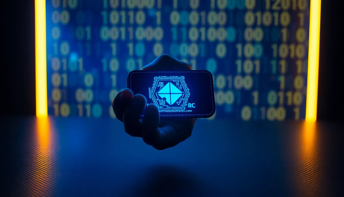 This striking image captures a close-up view of a hand holding a glowing digital wallet, symbolizing the rise of cryptocurrency. The dramatic side lighting from a neon blue LED strip accentuates the subject while the soft bokeh of abstract binary code creates a futuristic atmosphere. Deep blues and warm yellows interplay to enhance the modernity of the scene. The centered composition directs focus seamlessly to the wallet, resting atop a textured black surface that enriches visual depth.
