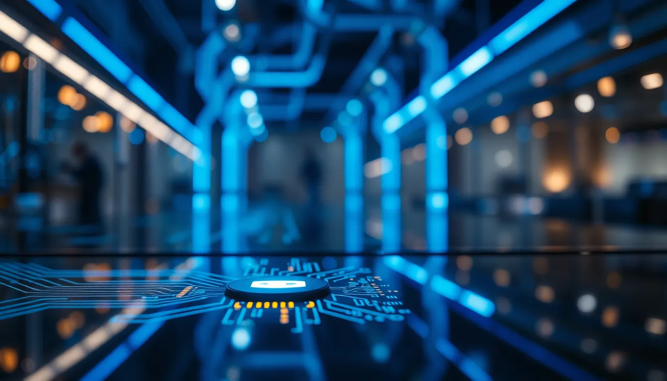 Futuristic Blockchain Concept with LED Lights This image showcases a futuristic blockchain node set against a backdrop of intricate circuit board patterns. The cool blue LED lighting creates an atmospheric vibe, emphasizing the advanced technology concept. The shallow depth of field adds a professional touch, with a reflective black glass surface enhancing the high-tech feel. Vivid blues and silvers dominate the color scheme, perfect for conveying innovation in blockchain technology.