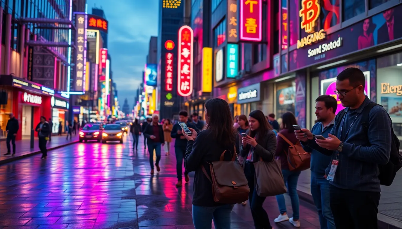 A bustling city street at twilight illustrates the integration of blockchain technology into urban life. Neon lights cast vibrant reflections on rain-soaked pavement, creating a dynamic and colorful scene. Individuals are seen engaged with their mobile devices, emphasizing the accessibility and adoption of blockchain solutions in daily experiences. The sharp focus throughout invites viewers to explore every detail of this lively environment.