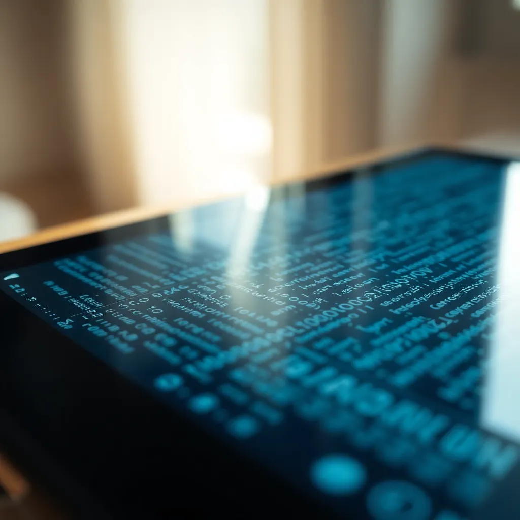 An intimate close-up of a digital tablet displaying an intricate blockchain ledger filled with hexadecimal code and signatures. The soft diffused daylight highlights the tablet's sleek surface, creating a serene and focused atmosphere. The shallow depth of field enhances the legibility of the code while providing a smooth bokeh backdrop. This image captures the essence of modern technology and its application in the blockchain realm.