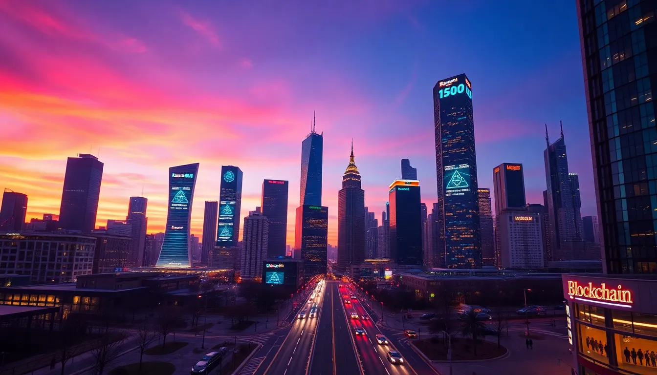 This stunning cityscape at dusk features a futuristic skyline where illuminated skyscrapers showcase digital screens with vibrant blockchain graphics. A rich palette of purple, pink, and deep blue captures the allure of the city transitioning into night. High dynamic range creates striking contrasts, emphasizing the textures of glass and steel as they reflect the colorful lights. Leading lines from the streets draw the viewer’s attention towards this dazzling display of technology interwoven with urban life.