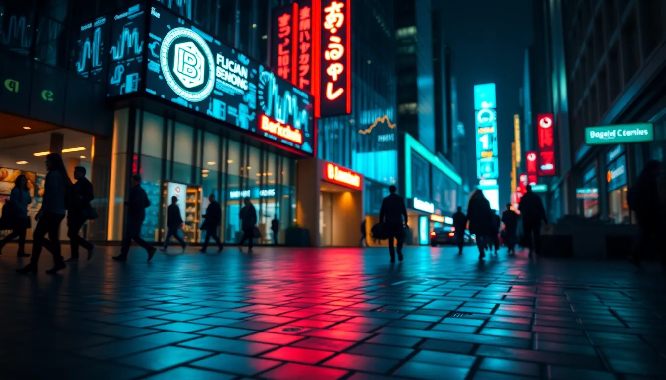 This dynamic image captures a modern office building at night, adorned with vibrant digital screens showcasing blockchain graphics. The reflections of neon lights on the wet pavement enhance the lively urban atmosphere, while people walk by, bringing the scene to life. The cinematic teal and orange color grading adds drama and vibrancy. Leading lines from the pavement direct the viewer's attention towards the building, emphasizing a sense of motion and interconnectedness in the digital era.