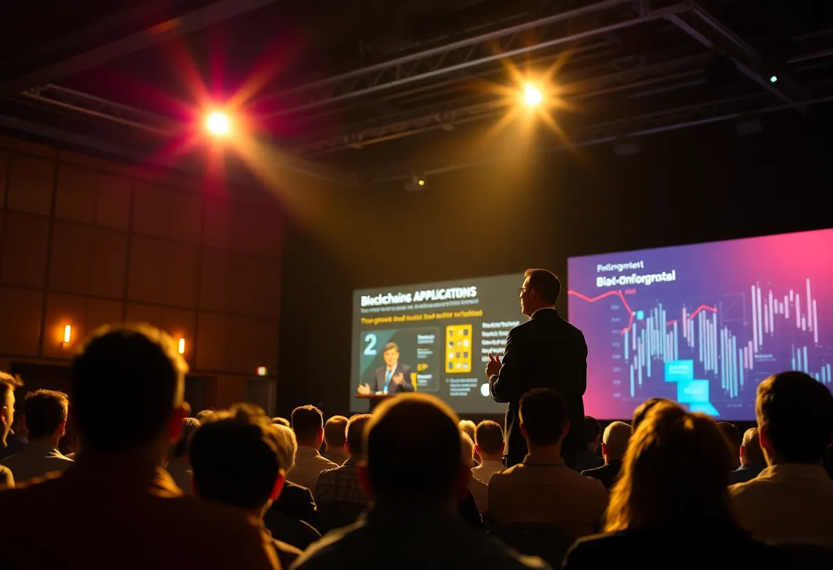 An energetic scene at a tech conference where a speaker captivates the audience with an engaging presentation on blockchain applications. Bright stage lights illuminate the speaker while casting deep shadows on the audience, creating a dynamic contrast. The shallow depth of field draws focus to the speaker's passionate expression, while vibrant colors enrich the atmosphere of innovation. This image encapsulates the spirit of technology and public engagement at the forefront of blockchain discourse.
