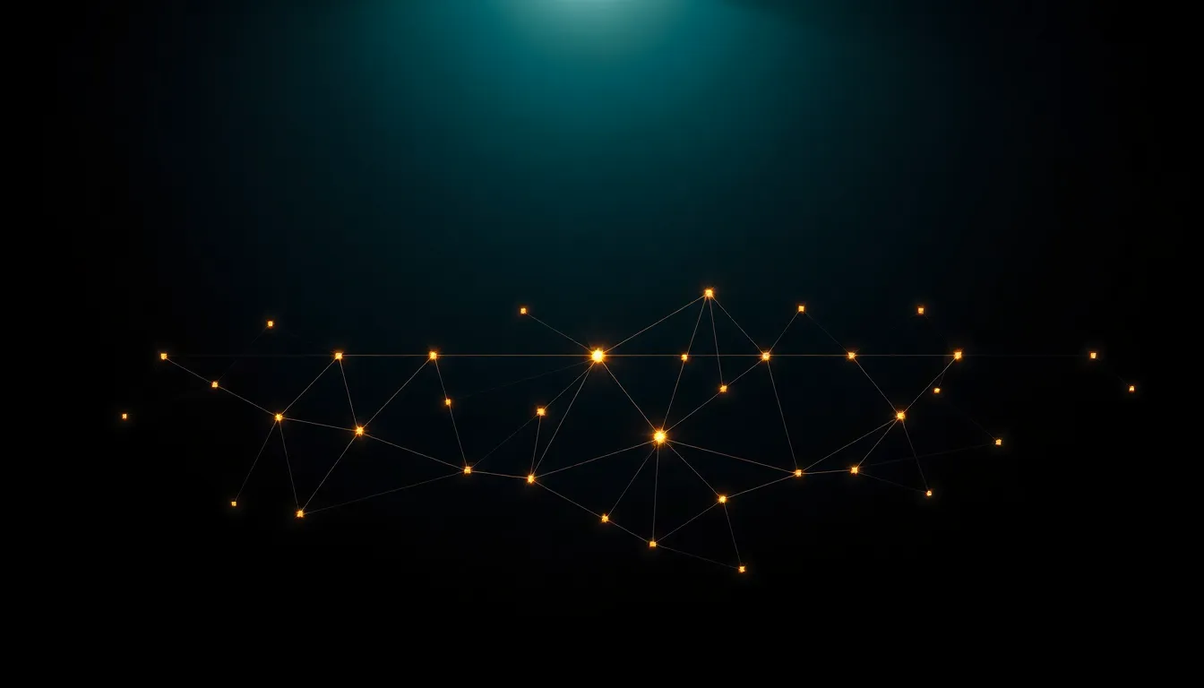 Conceptual Blockchain Network Visualization This conceptual image visualizes a blockchain network as interconnected nodes and lines against a dark background. Shot with precise studio lighting, the spotlight creates dramatic shadows that enhance the dimensionality of the network. The cinematic teal and orange color grading gives the image a striking aesthetic, making the details pop. The composition is centered and symmetrical, perfectly showcasing the complexity and beauty of blockchain technology.