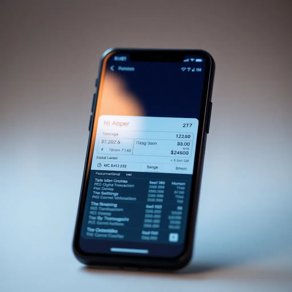 Close-Up of Blockchain Ledger on Smartphone This captivating close-up features a smartphone displaying a digital ledger interface, showcasing blockchain transaction details. The soft studio lighting casts a subtle glow on the phone's screen, enhancing the modern tech vibe. A shallow depth of field blurs the background, allowing the intricate details of the ledger to shine through. The composition is centered and symmetrical, giving emphasis on the smartphone as the central subject.