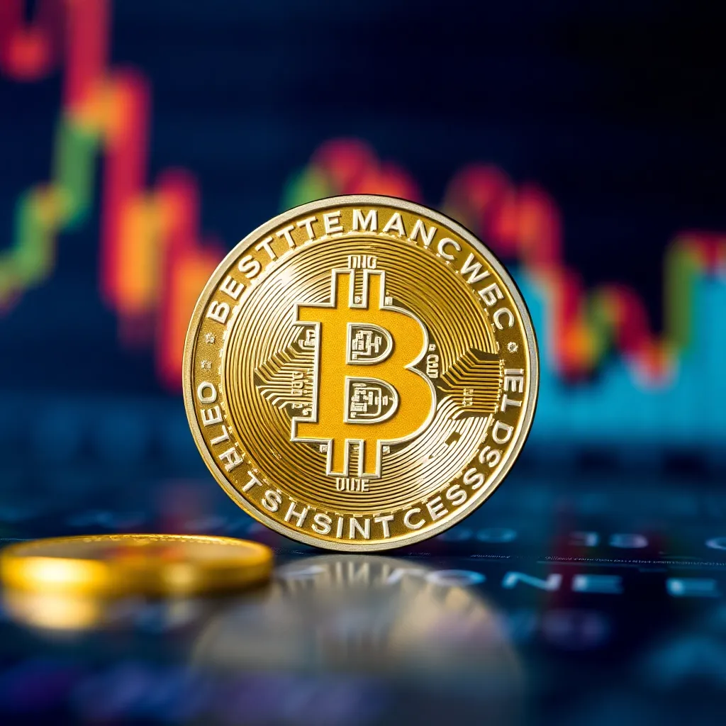 This striking close-up image reveals a blockchain-themed digital coin, meticulously detailed and reflecting a sense of luxury. Captured in a professional studio with vibrant lighting, the color palette features rich greens and golds that symbolize wealth. The shallow depth of field ensures the coin stands out against a backdrop of blurred financial charts, reinforcing themes of investment and technology. It's a captivating visual representation of the blockchain economy.