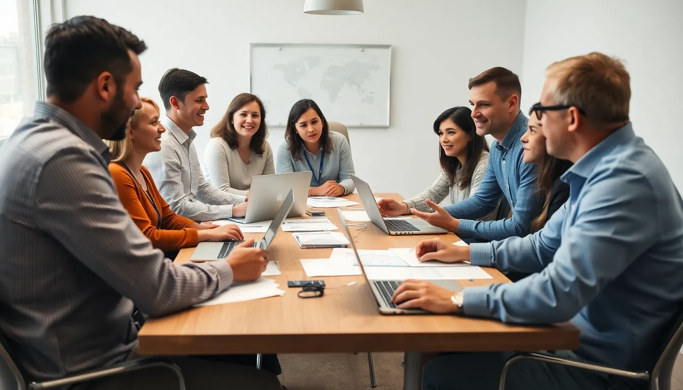 In this image, a diverse group of professionals engage in an animated discussion around a table filled with blockchain project documents and laptops. The overcast daylight creates a soft, inviting atmosphere, with natural muted tones enhancing the collaborative mood. The hyperfocal distance ensures every detail is crisp, from each individual’s expression to the documentation spread across the table. This shot captures the essence of teamwork and innovation in the blockchain field.