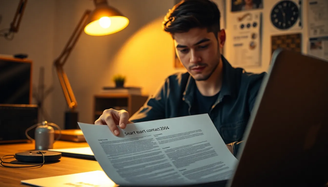 In a cozy, illuminated workspace, a young entrepreneur is deep in thought as they review a smart contract. The warm light from a tungsten desk lamp creates a comfortable atmosphere, while the shallow depth of field draws attention to the intricate textures of the document. The use of foreground elements, like a laptop, enhances the personalization of this technological journey into blockchain.