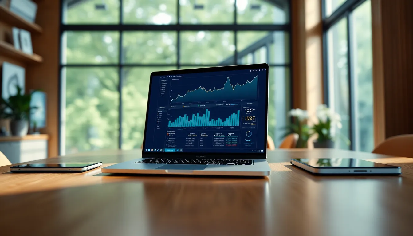 Modern Workspace with Blockchain Analytics This image captures a modern workspace where a sleek laptop displays blockchain analytics. The natural daylight filtering through the window creates a bright and inviting atmosphere, enhancing the cool blue and green tones of the screen. The composition uses the rule of thirds, accentuating the elegant lines of the table and laptop. Textures are rich, showcasing the smooth glass and warm wood materials.