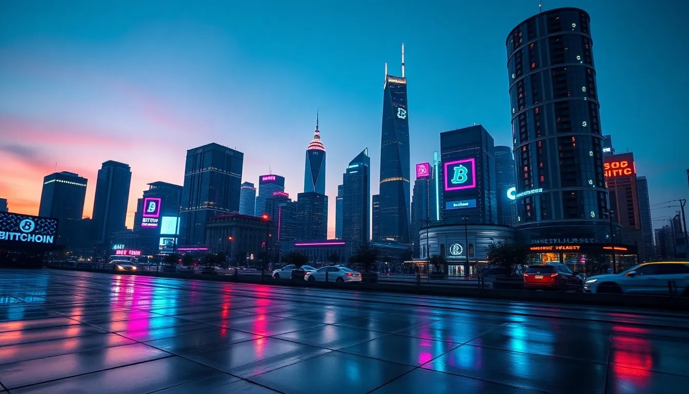 A breathtaking view of a futuristic city skyline at dusk, featuring skyscrapers adorned with animated blockchain symbols. The vibrant neon lights in blue and magenta reflect off wet pavement, creating an energetic urban scene. The approach of hyperfocal distance ensures clarity from the foreground to the background, bringing the technological essence of the city to life. The cinematic color grading adds depth, emphasizing the innovative spirit of blockchain technology in an urban environment.