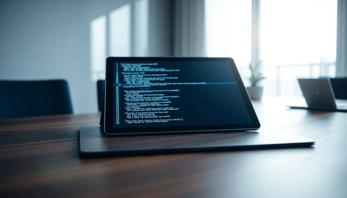 This image captures a digital tablet showcasing blockchain coding, illuminated by soft ambient daylight through an office window. The shallow focus highlights the intricate code while the smooth wooden desk provides a professional backdrop. The muted palette of blues and grays conveys a tech-savvy atmosphere, making it perfect for articles about blockchain technology. The centered composition draws viewers toward the digital interface, emphasizing the innovation of blockchain.