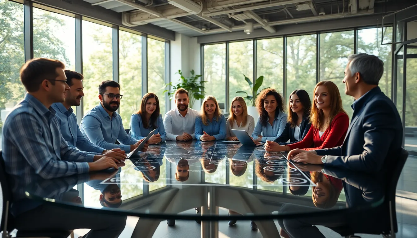 This image captures a vibrant office scene showcasing a diverse group of professionals engaged in a blockchain strategy discussion. Soft, dappled sunlight filters through large windows, creating a warm atmosphere that enhances the modern, sleek surroundings. The focus on their digital devices and diagrams emphasizes the cutting-edge nature of blockchain technology. The composition highlights collaboration with leading lines directing attention towards the engaged team members.