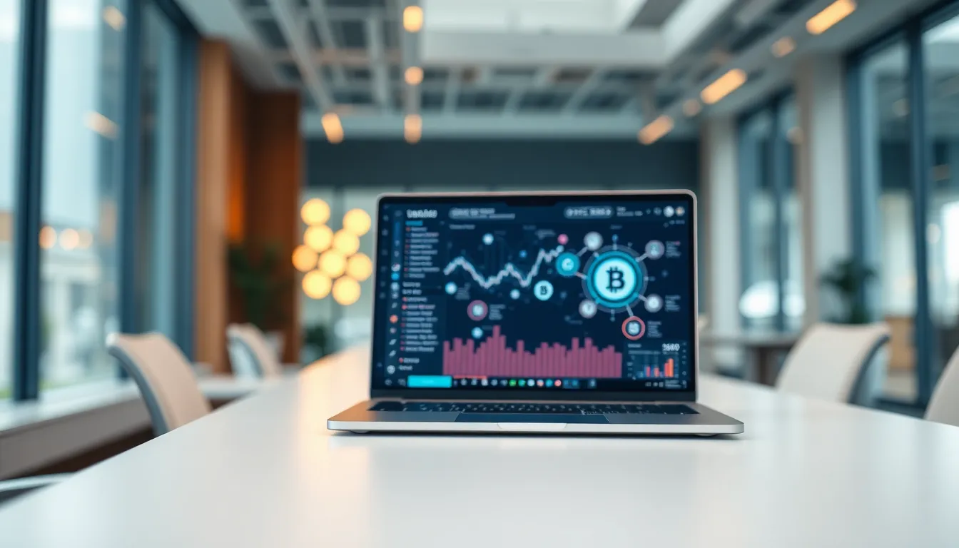 This image showcases a contemporary office environment that integrates blockchain technology. A sleek laptop displays live blockchain transactions, illuminated by soft daylight filtering through large windows. The muted color palette adds to the professional ambiance, while the composition draws focus to the laptop, inviting the viewer into the scene. The textured desk surface further enhances the modern aesthetic, making the photograph visually engaging.