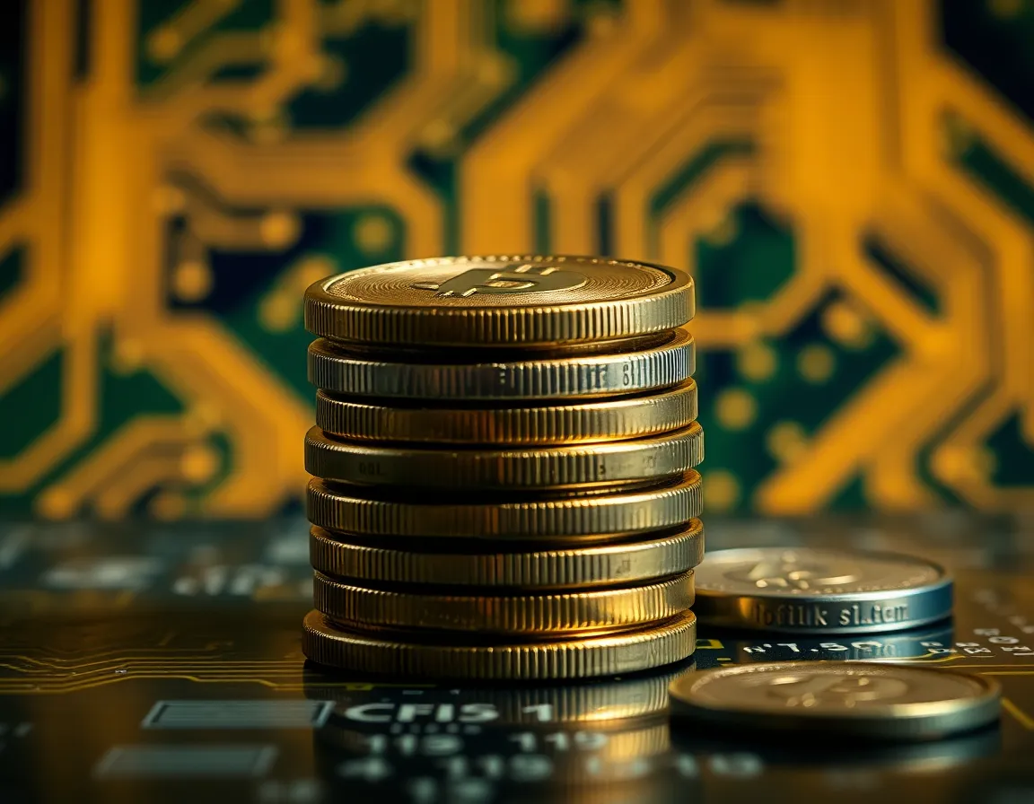 Close-Up of Cryptocurrency Coins on Circuit Board
