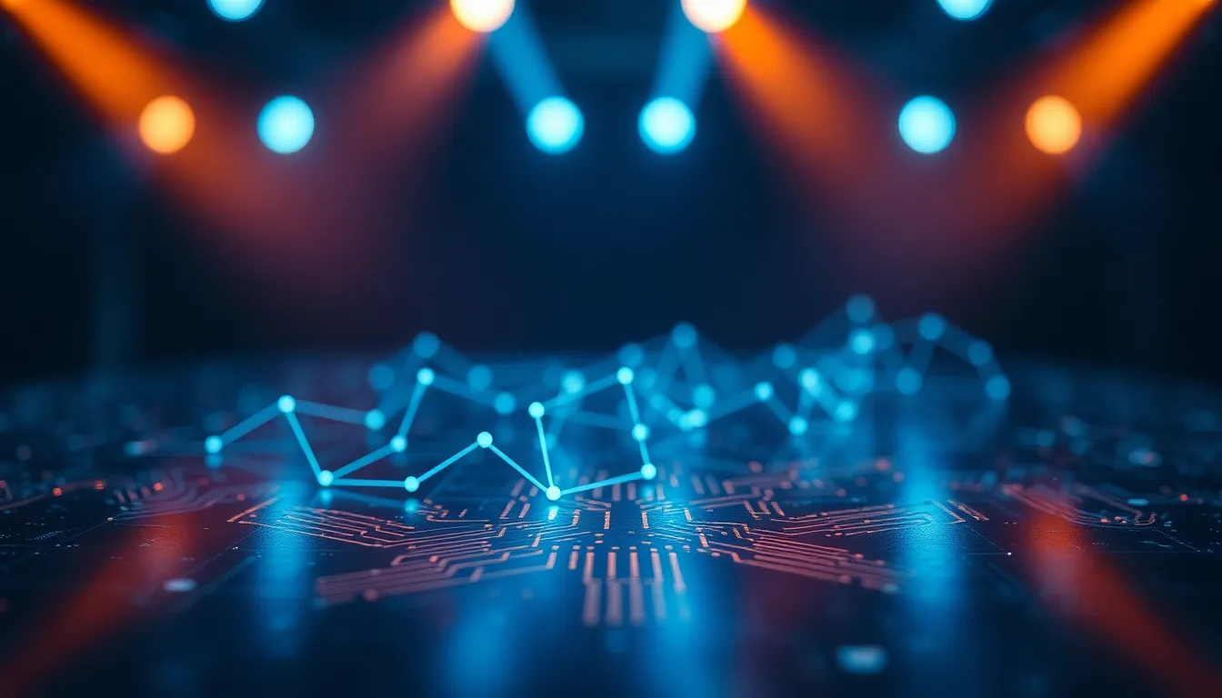 An abstract portrayal of blockchain technology depicted through interconnected digital nodes and intricate circuit patterns. The image captures the essence of innovation with a glossy, reflective surface that enhances the visual impact. Dramatic lighting in cool blue and warm orange adds a cinematic quality, creating contrast and depth. The shallow depth of field draws attention to the technology, while the overall look conveys a sense of modernity and sophistication in the blockchain realm.