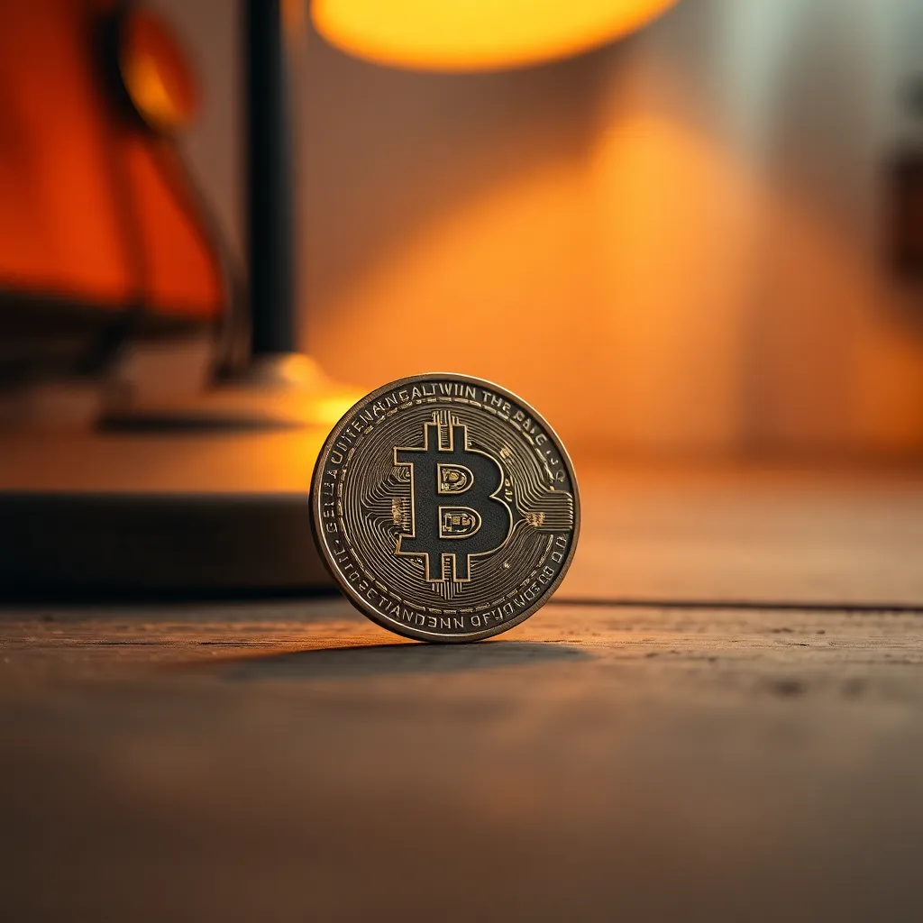 This intimate close-up depicts a cryptocurrency coin resting on a weathered wooden desk, illuminated by warm, inviting light from a nearby tungsten lamp. The morning dew droplets on the coin's surface glisten, adding a layer of detail and texture that enhances the focus on the coin. The muted colors of the background complement the rustic charm of the wood, creating a welcoming atmosphere. This image captures the essence of modern finance and digital currency in an organic setting.