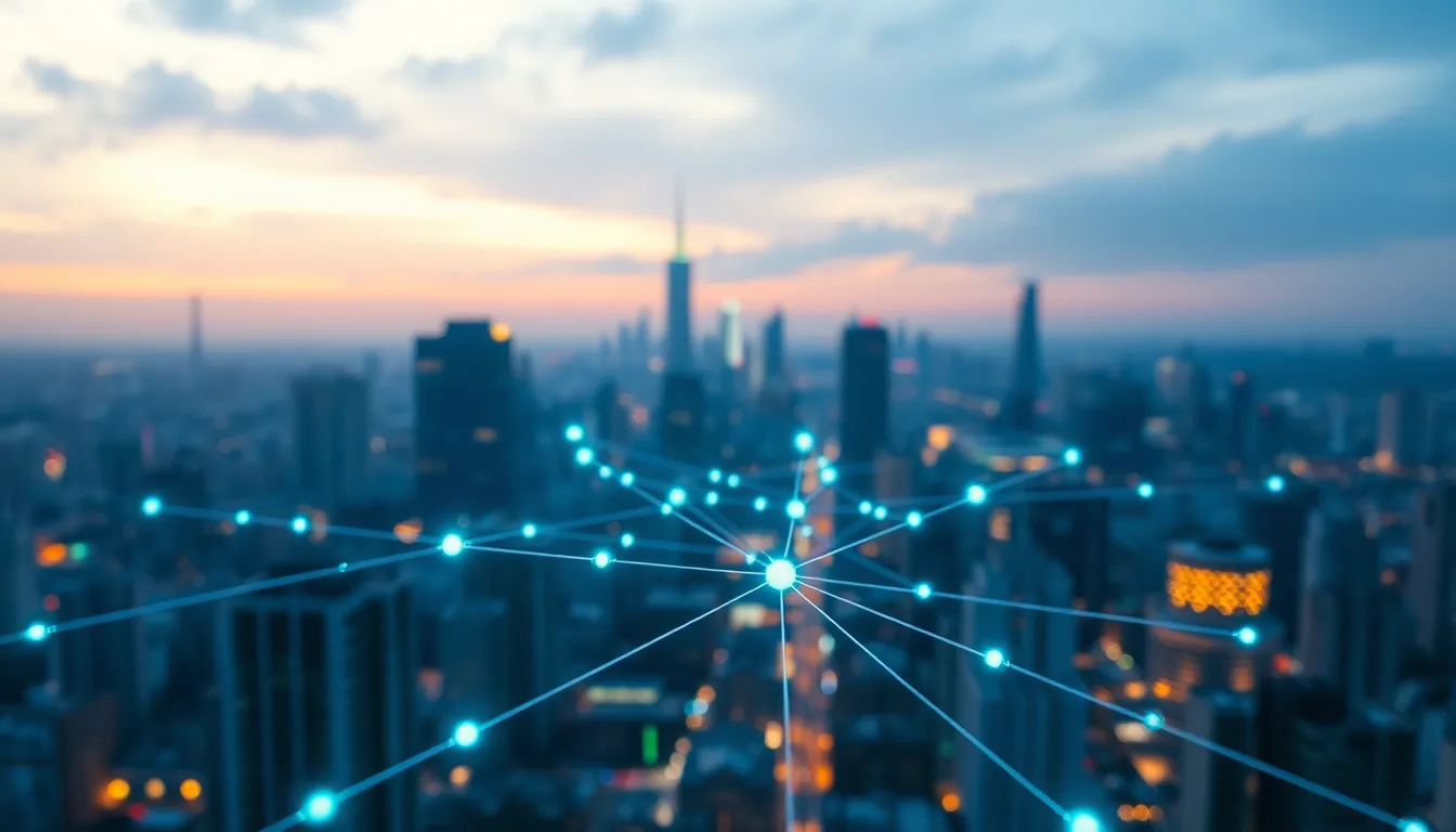 This captivating image presents a futuristic cityscape illuminated with glowing blockchain nodes connected by luminous lines, creating an intricate network. The overcast twilight sky with cool hues sets a serene backdrop as the glowing nodes take center stage in sharp focus. The cool blues and greens emphasize a sense of cybernetic advancement, while the soft bokeh lends a dreamlike quality to the urban setting. The symmetrical composition enhances the interconnectedness of technology in the landscape.