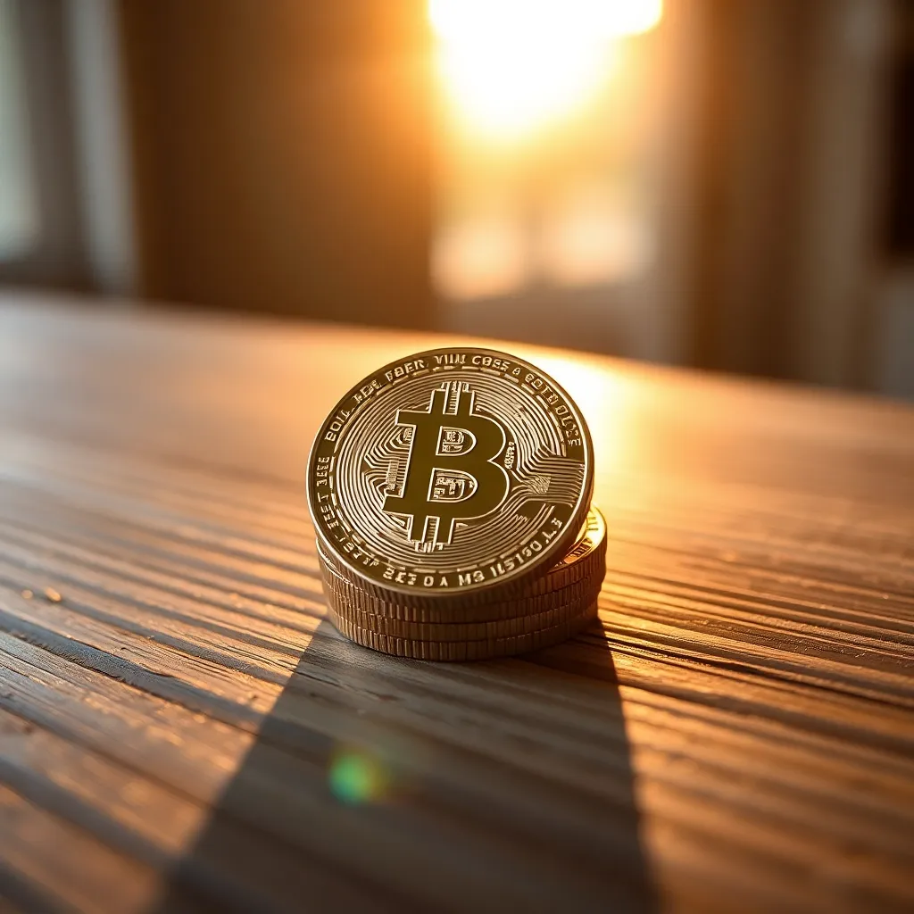 This image provides a vivid macro perspective of a stack of physical bitcoins resting on a richly textured wooden table. Illuminated by the warm glow of golden hour light, the coins gleam invitingly. The detailed surface of each bitcoin contrasts beautifully against the rough grain of the wood, emphasizing the tangible side of digital currency. The warm color palette and soft background enhance the photo's inviting ambiance, making it perfect for themes related to finance and technology.