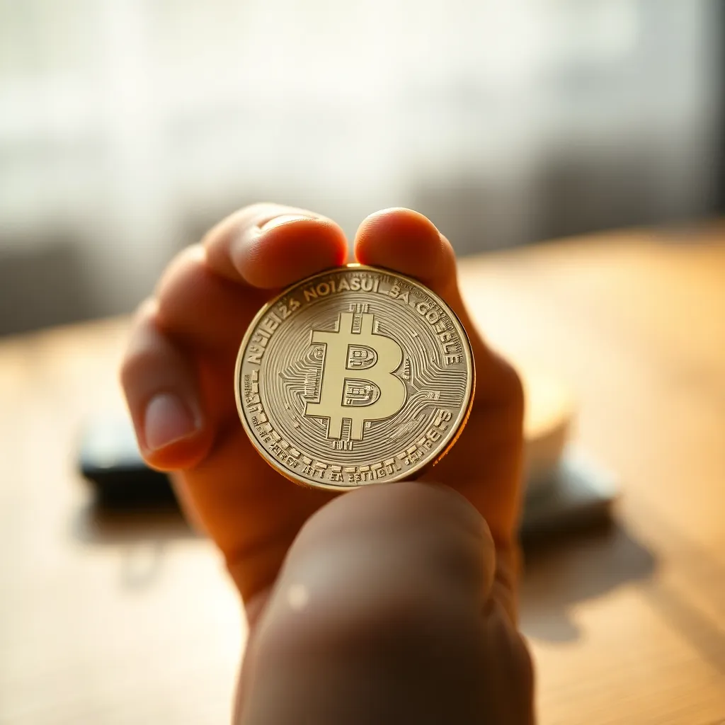 Close-Up of a Physical Cryptocurrency Token This close-up photograph captures the intricate details of a physical cryptocurrency token held delicately in a person's hand. Set against a warm, textured wooden table, the natural lighting enhances the authenticity of the scene. With a shallow depth of field, the surrounding elements dissolve into soft bokeh, directing focus to the token's impressive design. The earthy color palette evokes a sense of real-world value in the digital currency landscape, making this image perfect for finance and technology content.