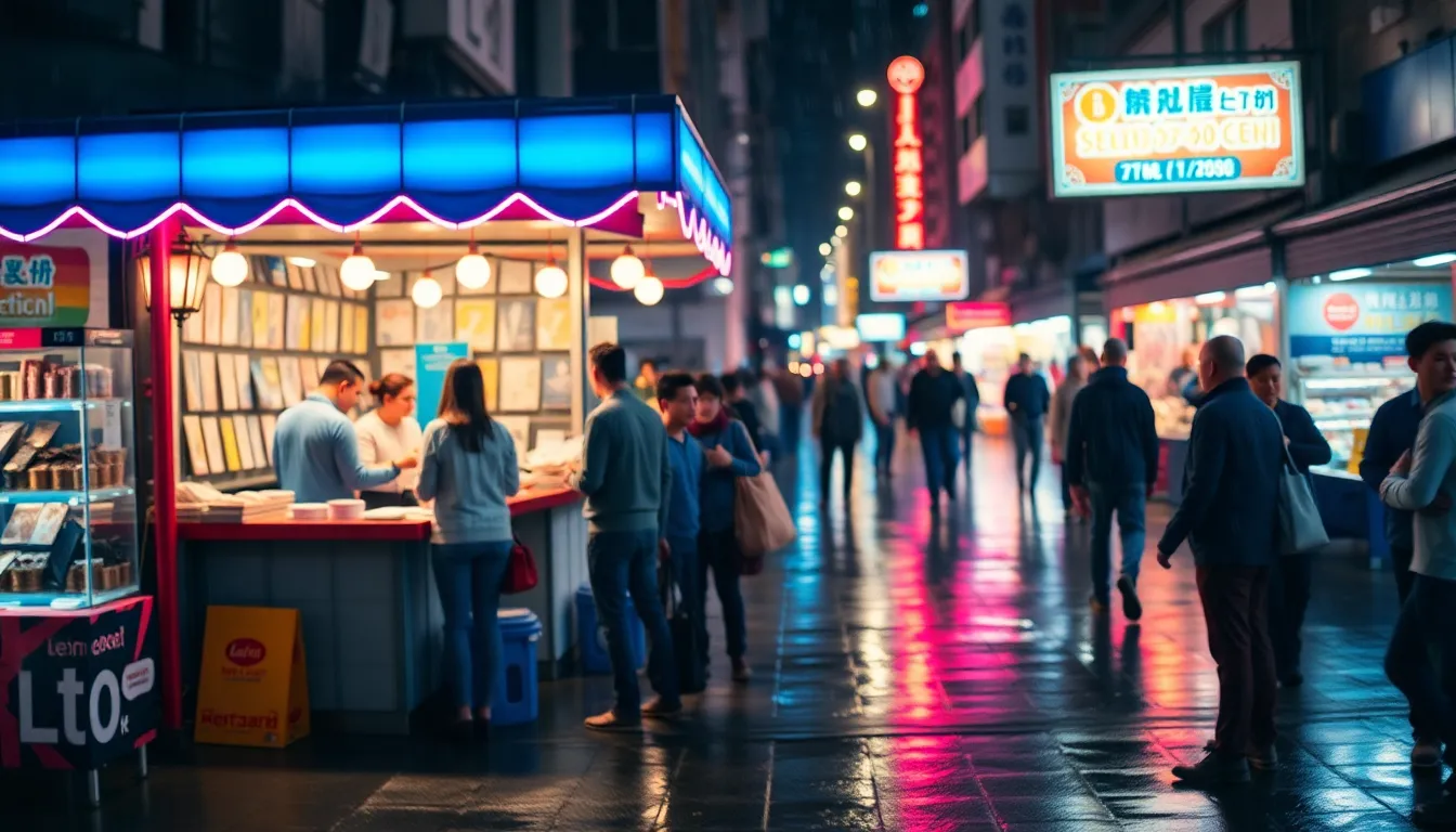 This lively street market scene captures a dynamic digital currency trade booth aglow with neon lights, reflected on the wet pavement. The atmosphere is enriched by the interactions of traders passionately discussing various currencies, enhanced by soft rain droplets adding a layer of depth. A slight Dutch angle in the composition conveys energy and movement, while the shallow depth of field directs attention towards the vibrant colors of the booth and the expressions of the traders, creating an inviting and exciting environment.