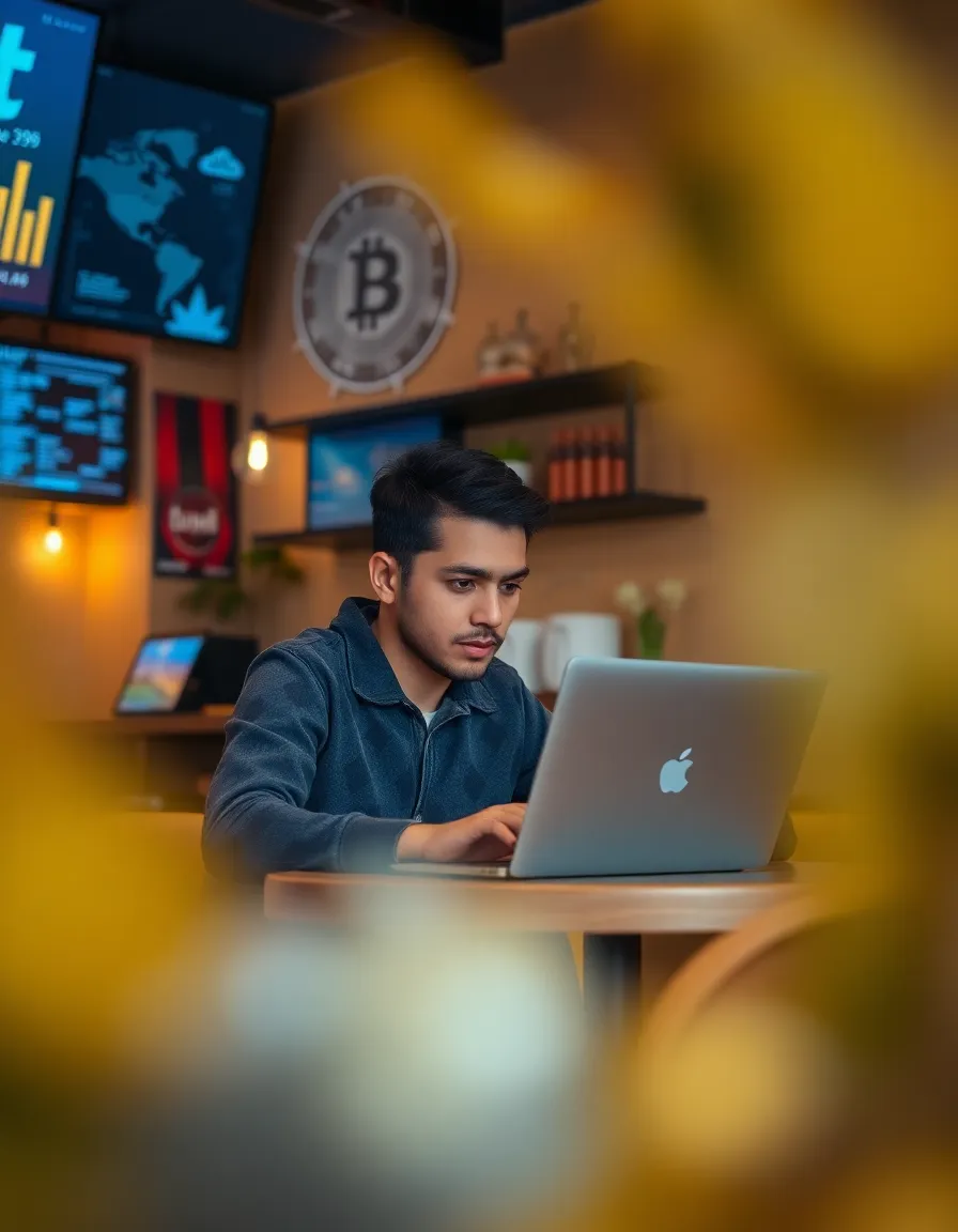 Tech-Savvy Individual in Cozy Blockchain Café This inviting image captures a tech-savvy individual immersed in work at a cozy café, surrounded by blockchain-themed decor. Taken during the tranquil blue hour, ambient street lights cast a warm glow, adding a soft yet focused atmosphere to the scene. The shallow depth of field enhances the subject's engagement with their laptop, while the bokeh background hints at the café's creative environment. This photograph embodies the convergence of technology and daily life, making it a perfect fit for lifestyle and technology narratives.