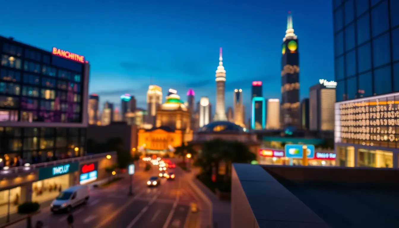 A stunning city skyline at dusk, showcasing the illuminated blockchain hubs that pulse with life against the transitioning twilight backdrop. The image captures a vibrant atmosphere with a shallow depth of field, drawing focus to the innovative architecture while street activity smolders softly in the foreground. The rich colors of blue and purple evoke a sense of connection and energy within the urban landscape. This composition beautifully illustrates the intersection of technology and urban life in a modern city.