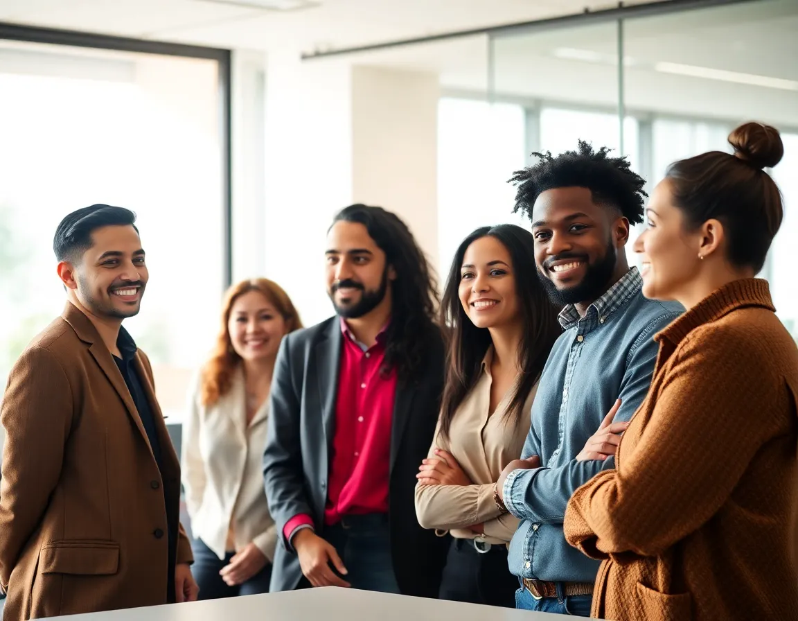This engaging image captures a diverse group of professionals deep in conversation about blockchain technology in a modern conference room. Natural light floods the space, creating a warm and inviting atmosphere. The shallow depth of field emphasizes their facial expressions, showcasing the excitement and engagement in the discussion. The color palette and structured composition contribute to the professional environment while maintaining approachability.