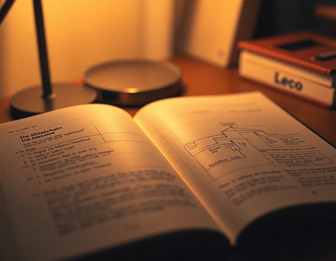 This intimate image features an open ledger filled with blockchain diagrams and handwritten annotations, illuminated by the warm glow of a tungsten desk lamp. The shallow depth of field accentuates the ledger while creating a soft bokeh background. The warm color palette evokes a sense of focus and dedication, making it perfect for discussions on blockchain documentation. The contrasting textures of the crisp diagrams and handwritten notes emphasize the blend of traditional and modern methods in blockchain.