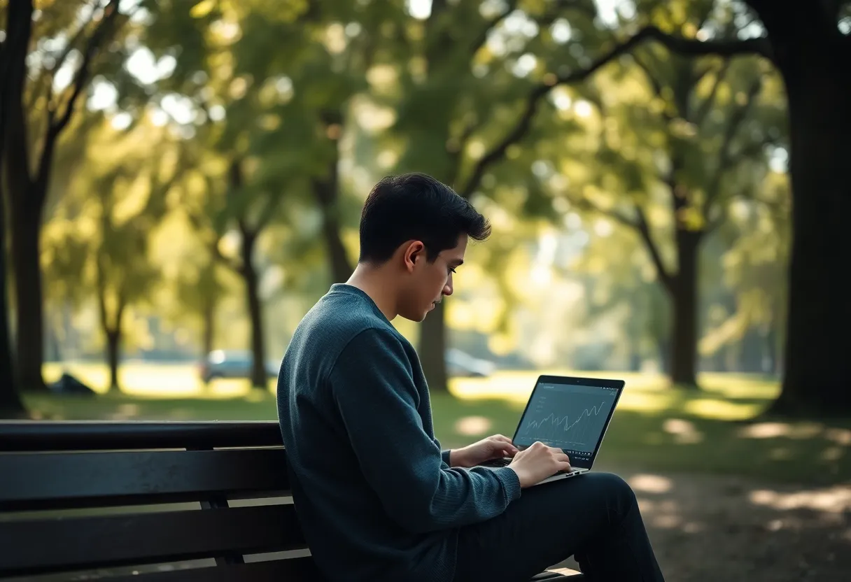This serene image captures an individual immersed in work on a laptop displaying blockchain graphs, seated on a bench in a tranquil park. The dappled sunlight filtering through the trees creates a peaceful atmosphere, reinforcing the focus and concentration of the subject. The shallow depth of field enhances the dreamlike quality of the scene, with soft bokeh in the background. The muted natural tones work harmoniously with the environment, illustrating the blend of technology and nature.