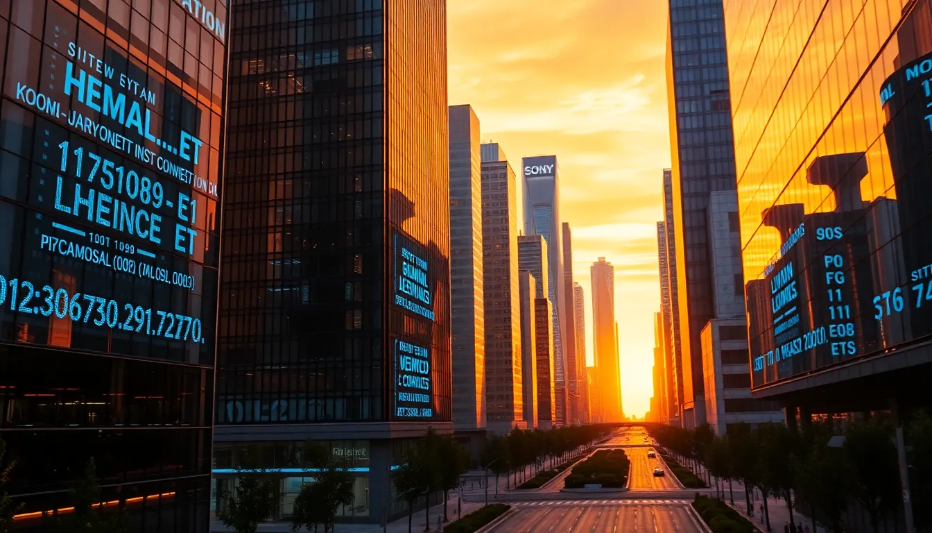 Futuristic Urban Landscape with Blockchain Displays