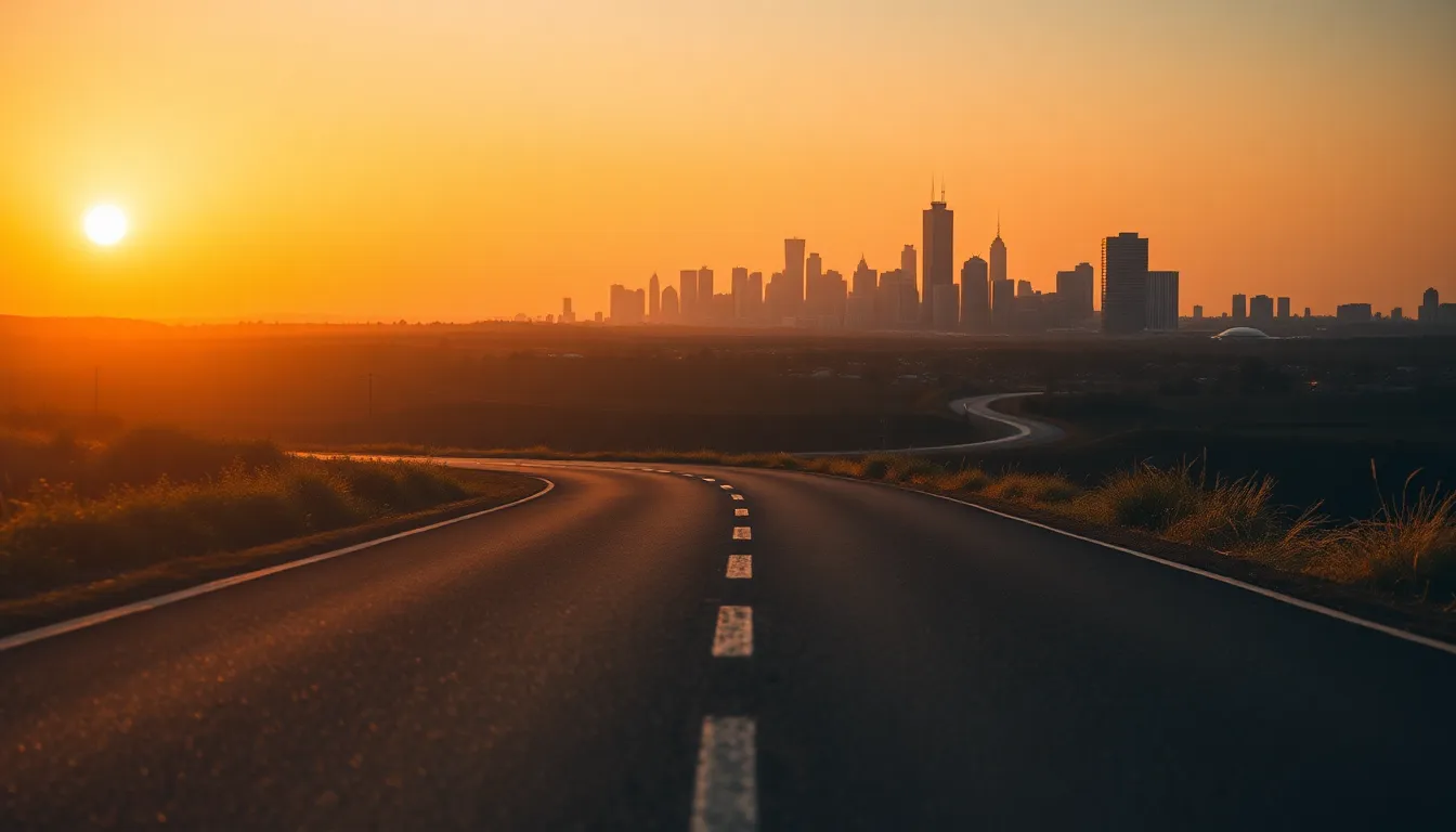 This image depicts a vibrant city skyline symbolizing blockchain technology, captured during the golden hour. The warm backlighting gives a tranquil vibe, while soft fill light enhances the depth of the scene. Hyperfocal clarity allows every element to be sharp from the foreground street to the skyline, with muted natural tones. Leading lines guide the viewer’s eye toward the blockchain hubs, showcasing a seamless blend of technology and nature.