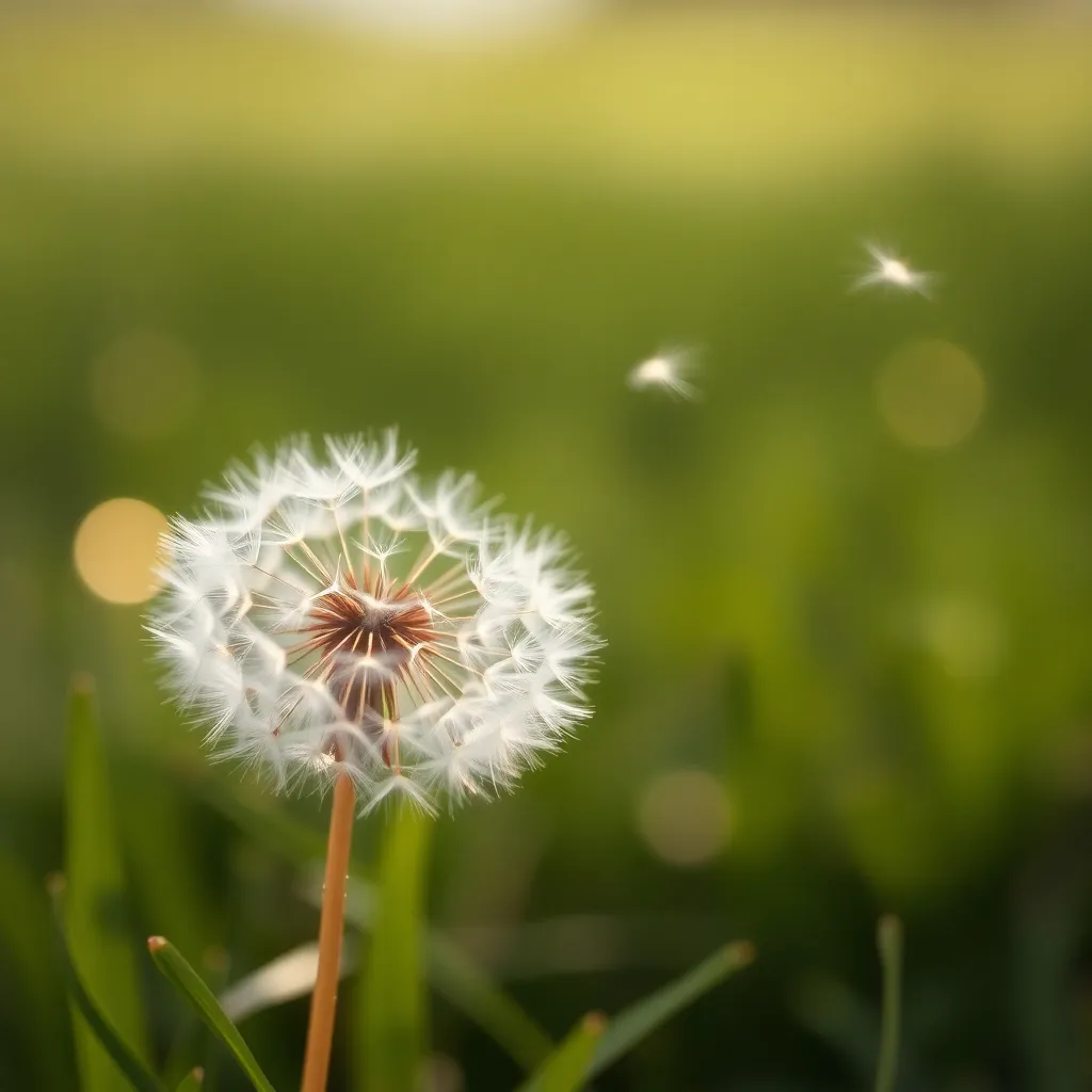 Close-up of dandelion seeds blowing in the wind, captured in soft lighting.