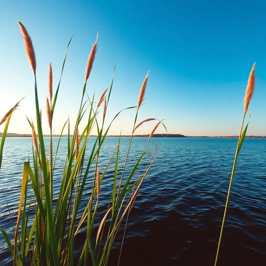Reeds Bending in the Wind by the Lake
