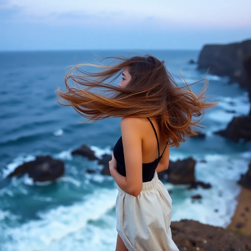 Woman on Cliff with Windy Hair
