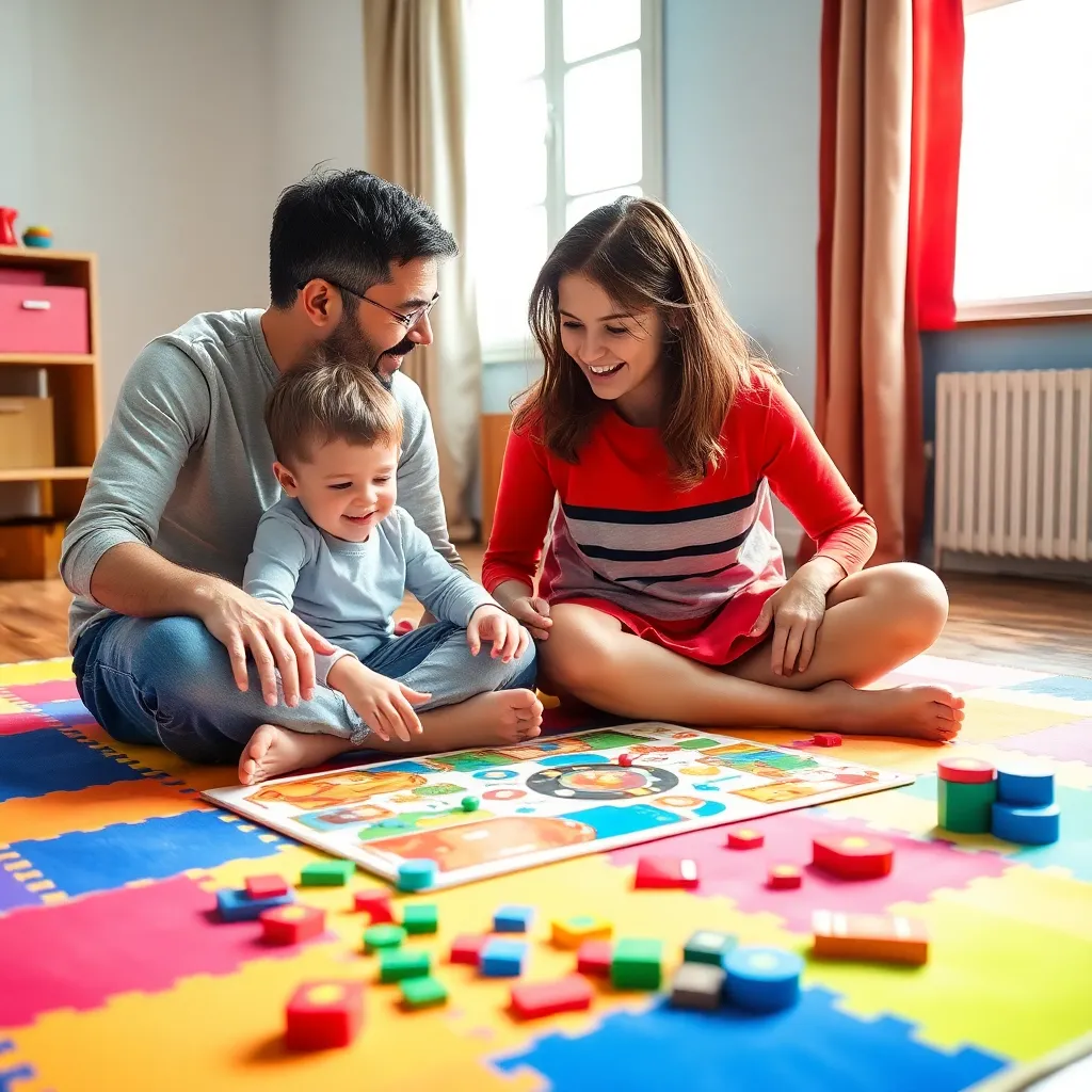 Child and Adult Playing Board Game on Play Mat