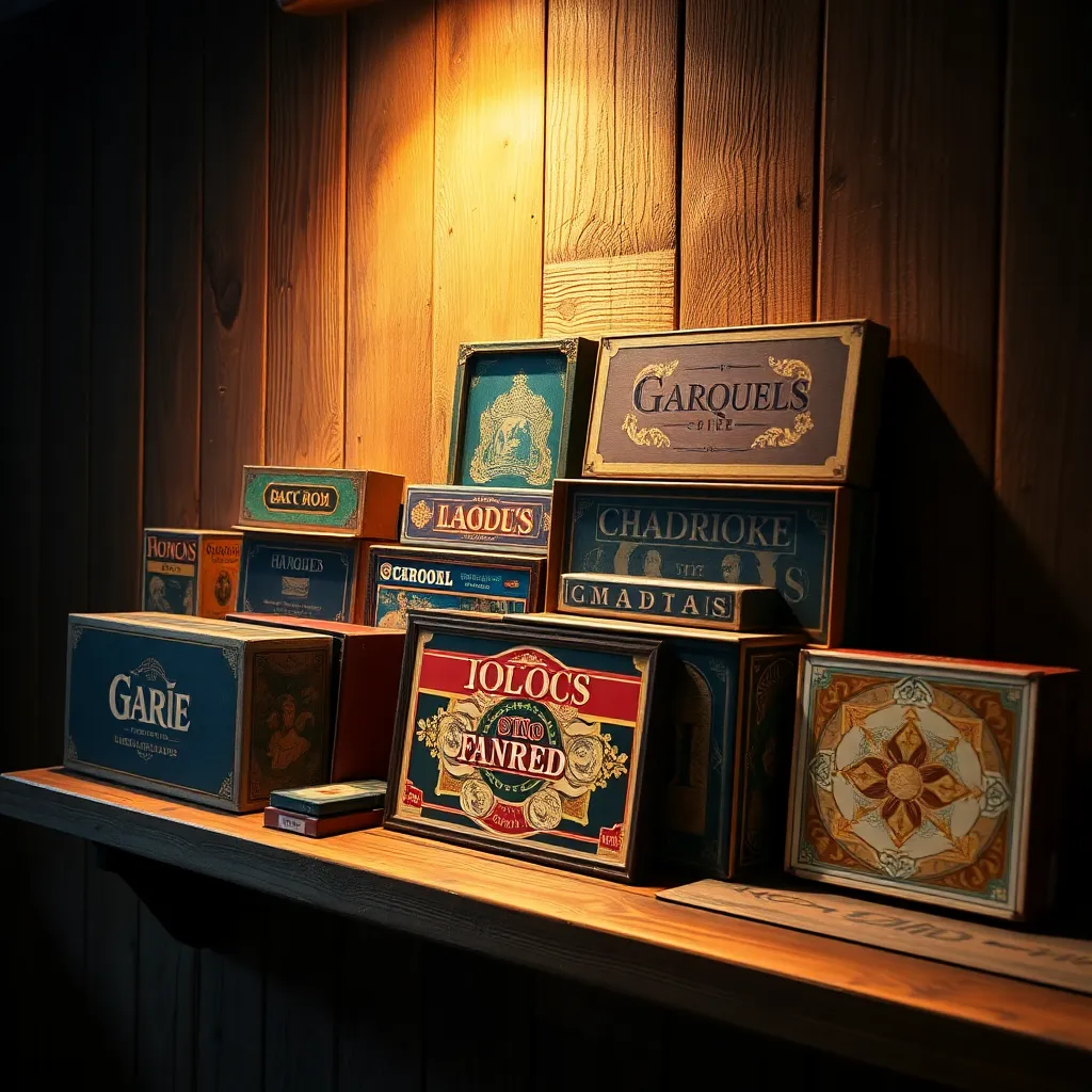 Vintage Board Game Collection on Rustic Shelf