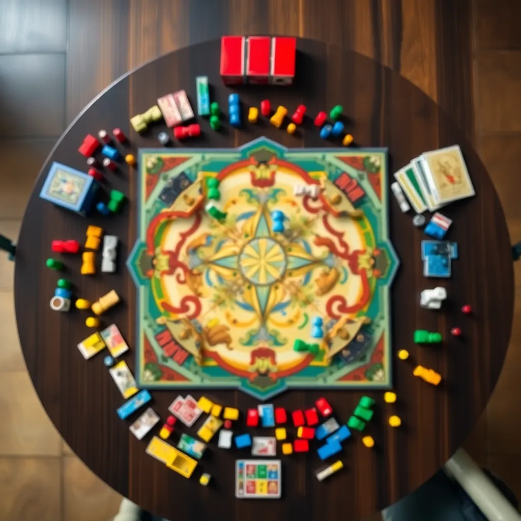 Overhead View of Colorful Board Game Setup