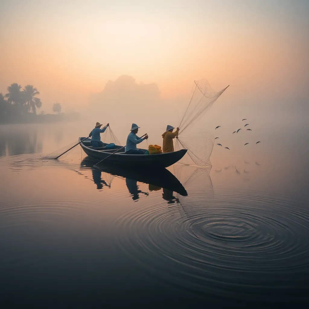 Fishermen at Dawn on Misty Lake