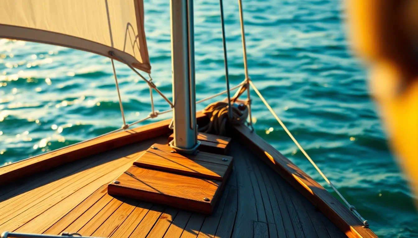 A beautifully captured sailboat glides across the tranquil sea during a stunning sunset. The warm golden hour light enhances the scene, casting a soft glow on the boat’s weathered wooden texture. The image captures a serene mood, with gentle waves reflecting the warm hues of the sunset, creating a peaceful atmosphere. The composition expertly places the boat in the left third of the frame, inviting the viewer’s gaze across the shimmering water.