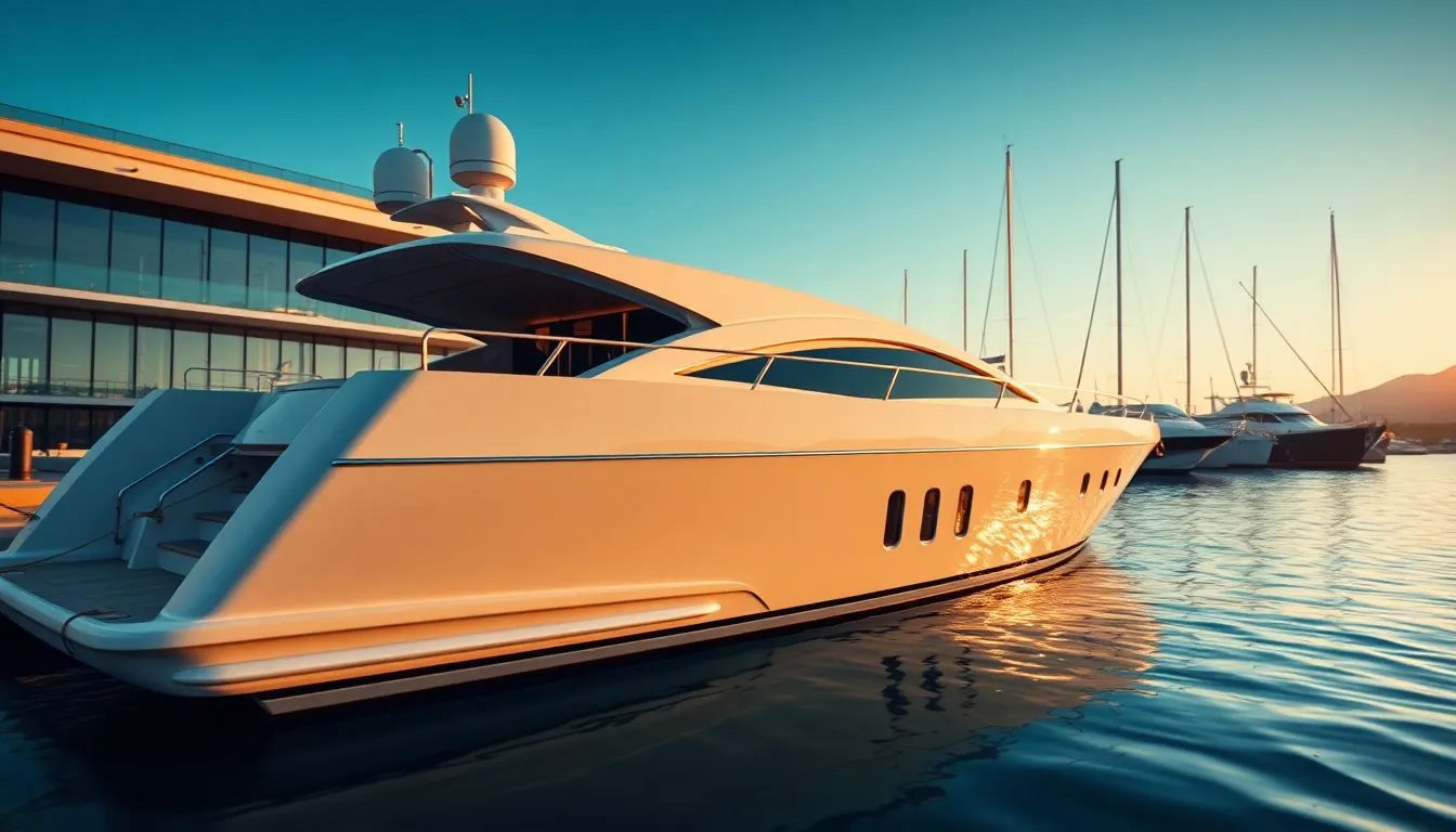 A luxurious yacht rests elegantly at a modern marina, beautifully illuminated by the soft light of dawn. The image highlights the sleek design of the yacht, contrasting with the contemporary architecture of the marina. The cinematic color grading enhances the blues and warm tones, creating an inviting atmosphere. With a dynamic angle, the photograph captures the essence of luxury and sophistication in marine settings, inviting viewers to envision themselves aboard.