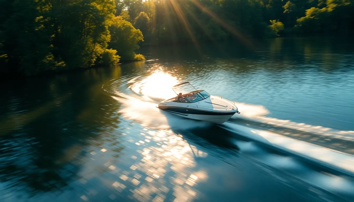 A powerful motorboat slices through a sparkling lake, creating dynamic waves and splashes. Dappled sunlight filters through the tree canopy, casting playful bokeh highlights on the water, enhancing the energetic feel of the scene. The saturated colors bring alive the richness of the deep blues and vibrant greens, creating a vivid visual experience. The composition captures the movement of the boat with leading lines formed by its wake, adding a sense of speed and excitement.