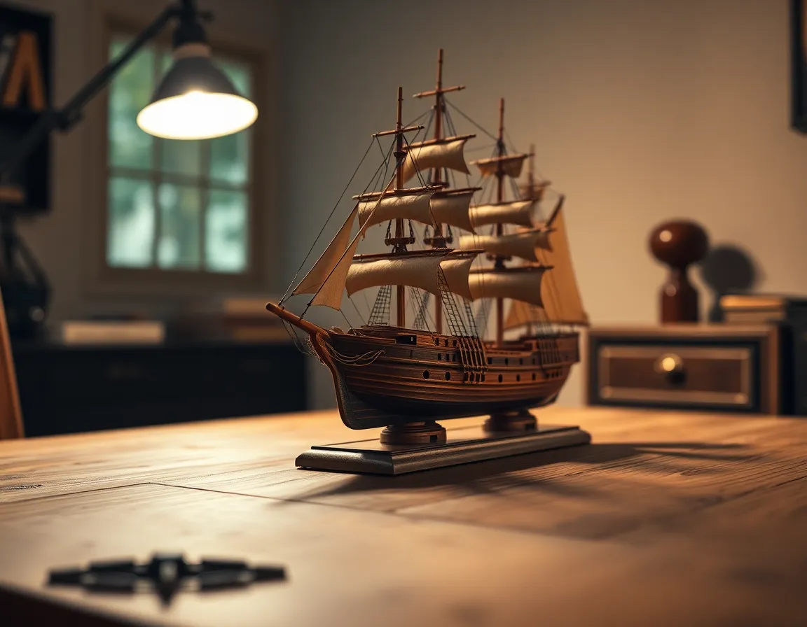 This detailed image showcases a beautifully crafted model ship resting on a weathered oak table. The warm glow from a tungsten lamp highlights the ship's intricate wood grains, emphasizing the artistry of model making. The selective focus draws attention to these fine details, while the soft background bokeh adds depth to the scene. With its centered composition, the photograph invites the viewer to appreciate the craftsmanship and the warmth of the wooden textures.
