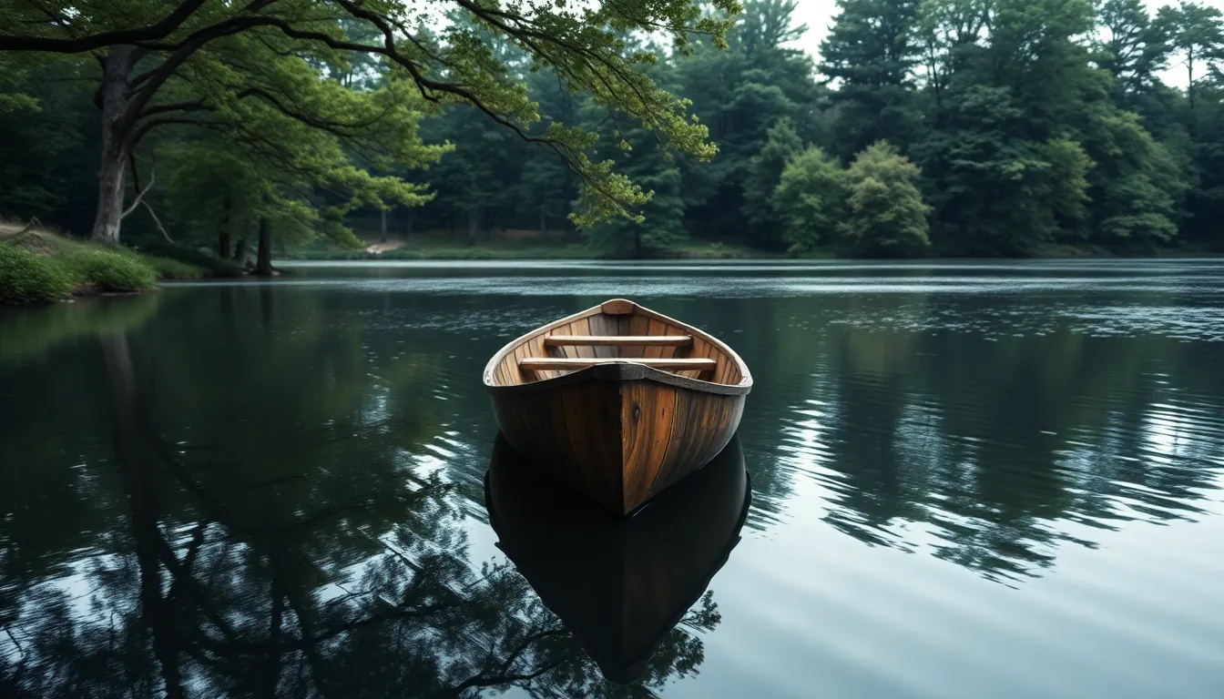 A rustic wooden canoe rests peacefully on the calm surface of a tranquil lake, framed by lush greenery. Soft overcast daylight enriches natural colors, creating a serene ambiance that reflects tranquility and peace. The symmetrical composition draws the viewer’s eye, while the reflections on the water enhance the visual detail, making it feel immersive. This image captures the essence of relaxation in nature, inviting the viewer to escape into the serene setting.