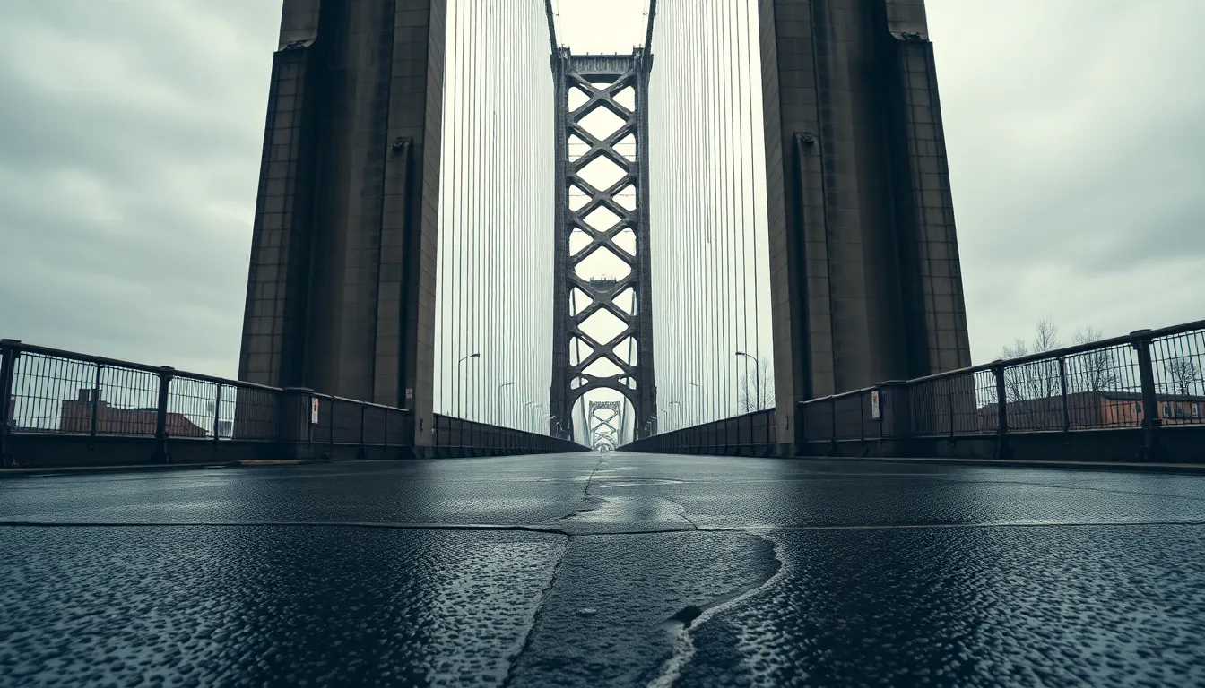 Elegant Urban Bridge on a Cloudy Day This image showcases an impressive urban bridge under an overcast sky, emphasizing the architectural details and the moodiness of the environment. The hyperfocal approach ensures that every aspect, from the bridge's structure to the reflections on the wet pavement, is in sharp focus. The subdued color palette contributes to a serene and contemplative atmosphere, perfectly suited for editorial use.