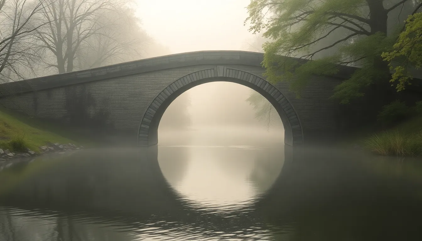 Misty Morning Over Stone Bridge