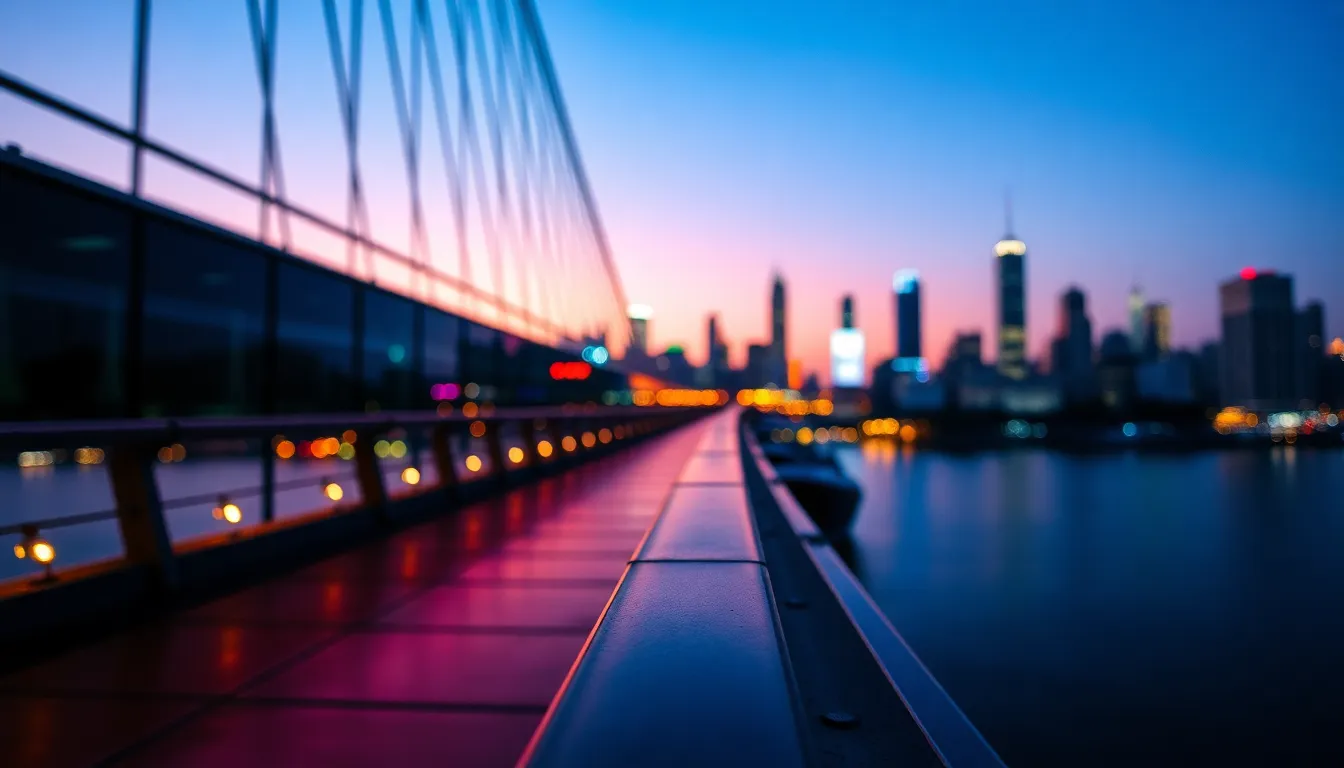 Twilight Bridge with Neon Reflections