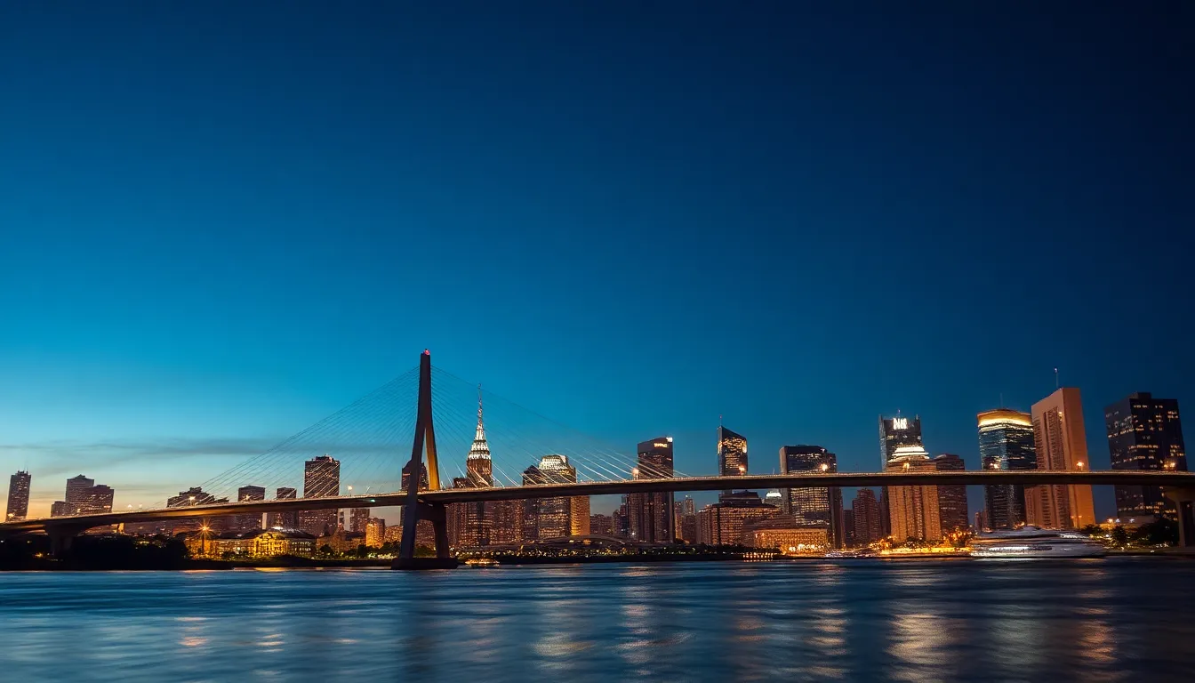 Twilight City Skyline with Cable-Stayed Bridge A breathtaking twilight image showcasing a modern cable-stayed bridge with a dramatic urban skyline in the background. The transition from deep blue to warm hues near the horizon emphasizes the magic of summer evenings. Bright city lights start to take over, creating stunning reflections in the water below. This centered symmetrical composition highlights the bridge’s intricate design, portraying an ideal harmony between architecture and nature.