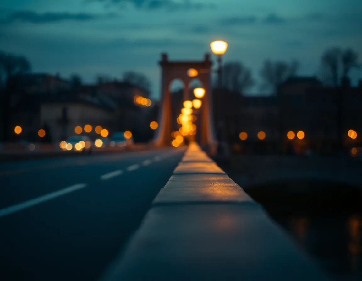Twilight Bridge with Romantic Glow An enchanting view of a bridge at twilight, illuminated by warm street lamps that create a cozy ambiance. The use of selective focus draws attention to the bridge's details while the background melts into a soft bokeh, enhancing the dreamlike quality of the scene. The interplay of warm and cool tones adds depth and mood, making it ideal for intimate settings or romantic themes.