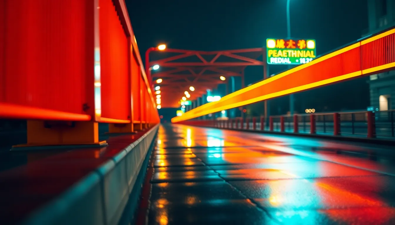 Stunning Sunset Over Iconic Bridge A breathtaking view of a modern bridge illuminated by the golden light of sunset. The warm backlighting accentuates the bridge's structural details, while the calm river below adds a serene touch to the scene. The composition plays with depth, showcasing the interplay of light and shadow on the bridge's concrete surface and cables. A perfect blend of natural and architectural beauty.